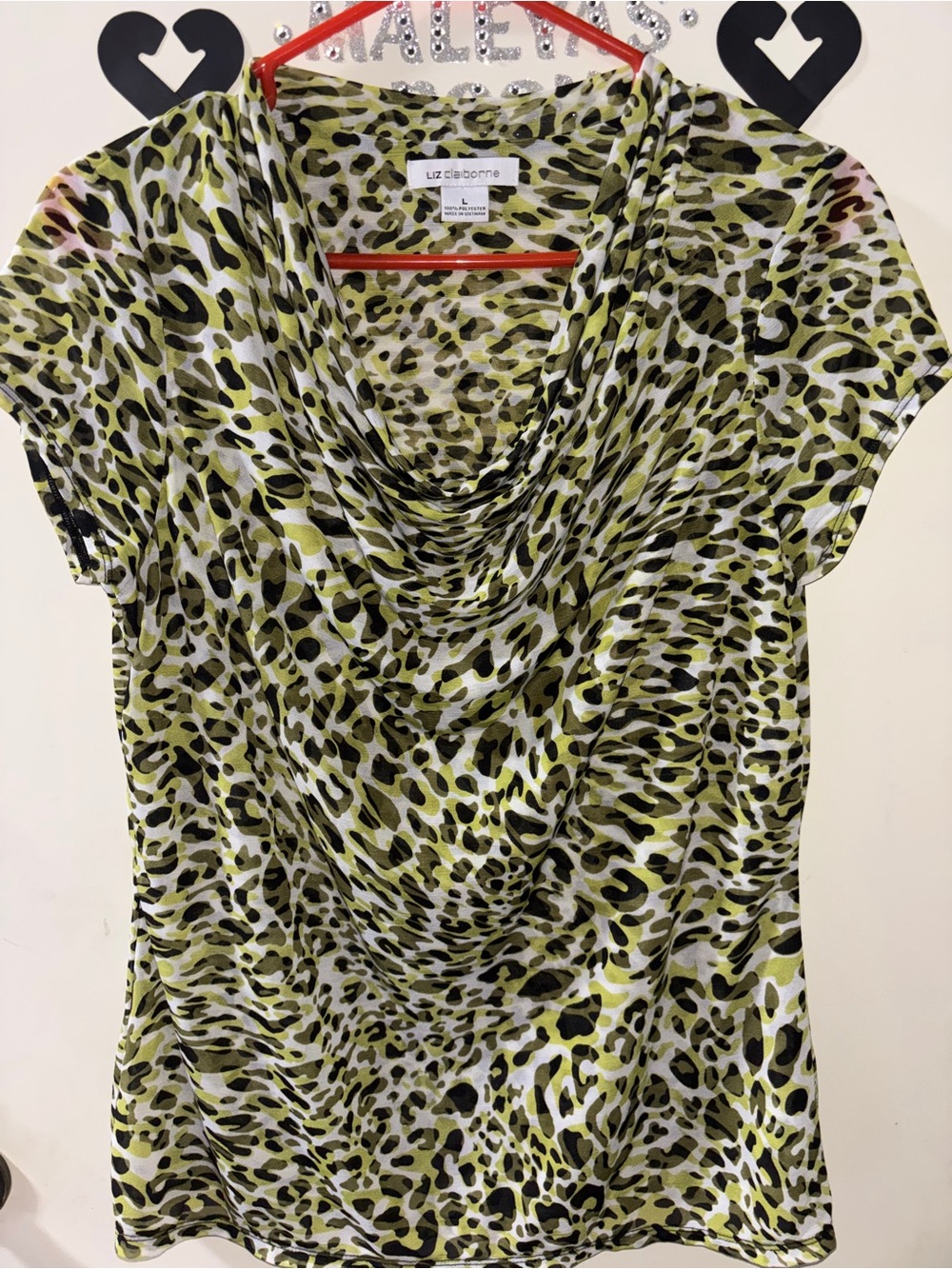 Liz Claiborne Green Animal Print Draped Neck Top